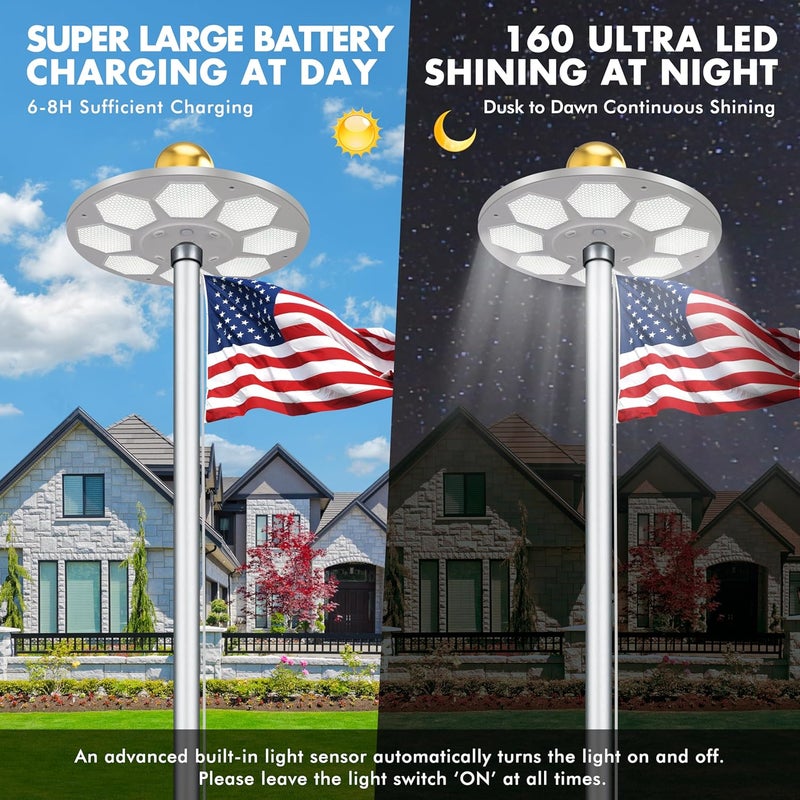 PPQ Solar Flagpole LED Light,New 160 LED Ultra Bright Flag Pole Light for 15-25 Ft Poles,Solar Powered Waterproof Lighting on Outdoor Pole Top,10-15 Hour Dusk to Dawn Auto On/Off - Image 4